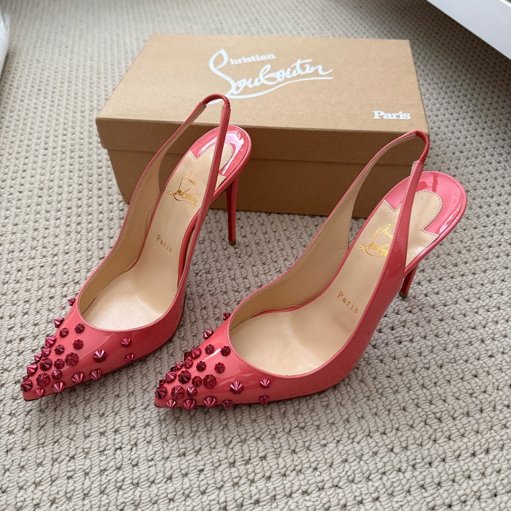 Christian Louboutin Drama Sling 100 Pink Studded Slingback Heels sz 38.5 NIB
